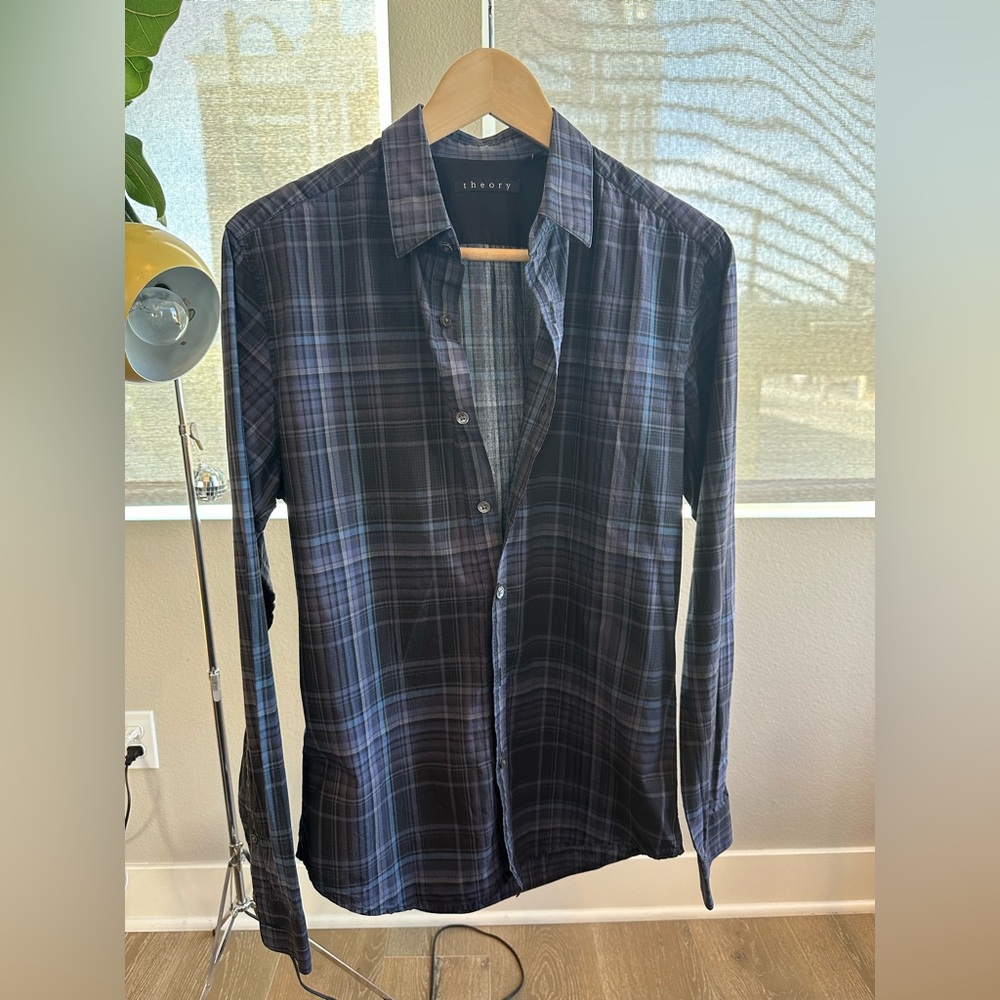 Theory Men's Navy and Black Plaid Button Down Shirt